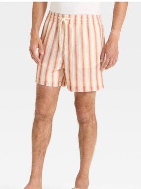 Men's Open Weave Striped Drawstring Lounge Shorts in Cream and Brown